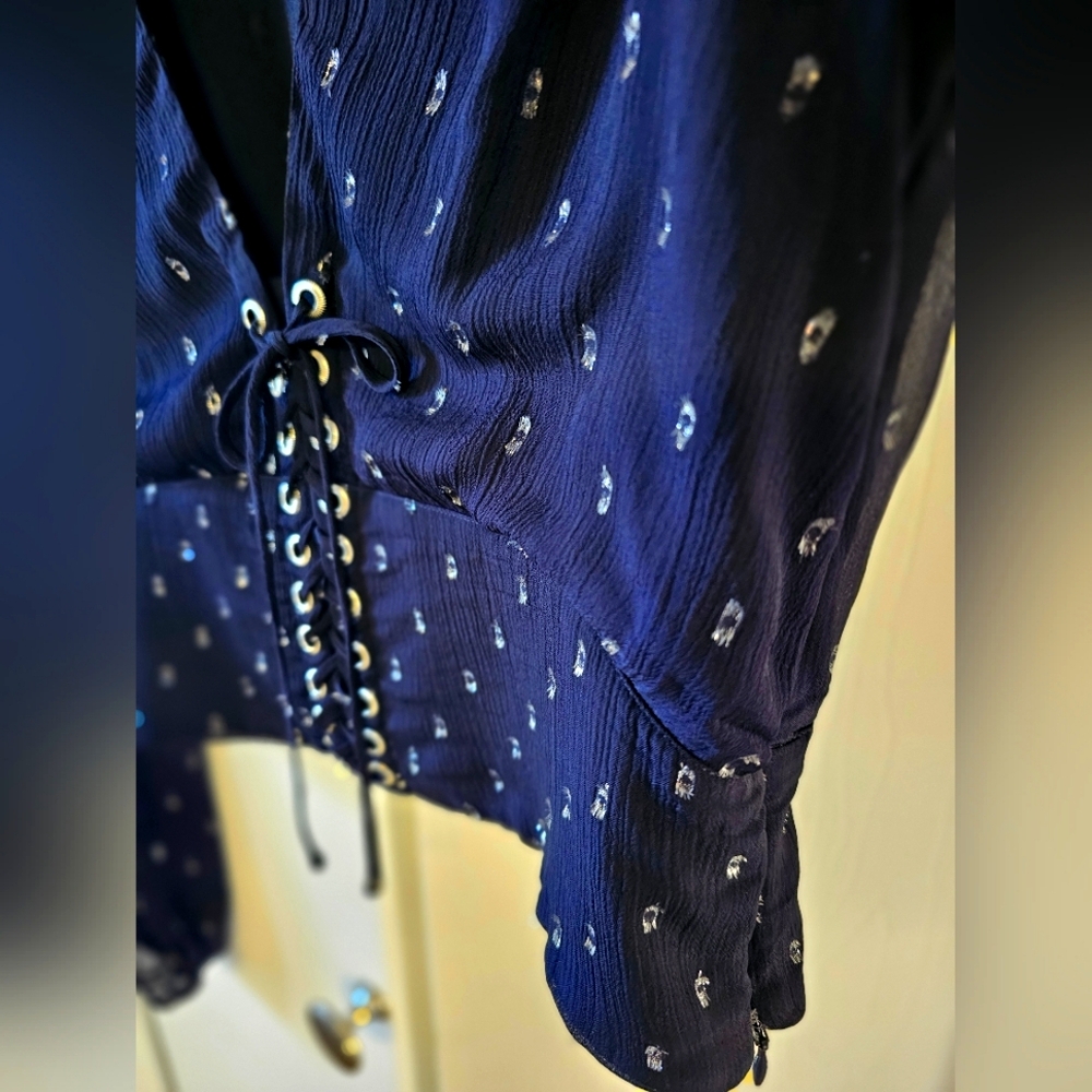 The Kooples Navy Blue Cosmic Dots Sheer lace-up bodice Long-sleeved Top SzM = 6 - Picture 7 of 11